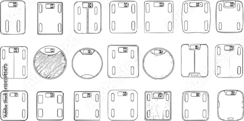 Collection of Outline Drawings: Various Body Weight Scales and Bathroom Scales in Different Shapes (Rectangular, Square, Round) with Digital Displays and Buttons, Vector Sketch Set