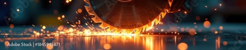 Circular saw slicing through metal sheet, bright sparks , circular saw, industry, energy