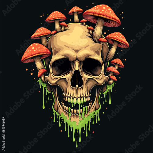 Vector t-shirt design with human skull
with poisonous mushroom fly agaric on head, 
current paint on black background.
Fashionable american print for fabric, paper, men clothing, hoodie, jacket. 