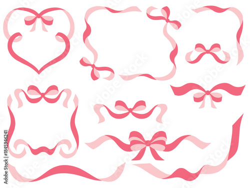 Coquette vintage vignettes ribbon frame with bows. Pink and red holiday design elements isolated on white background. Love themed template
