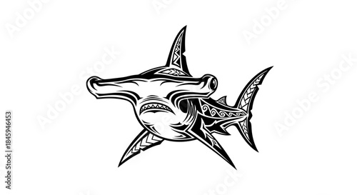 Hammerhead shark illustration with tribal pattern on white background.