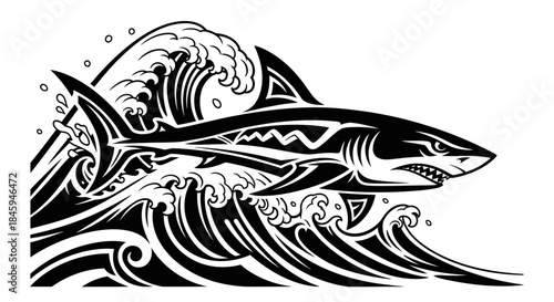 Shark with tribal tattoo style illustration in black and white.