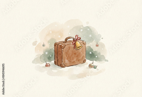 Vintage suitcase decorated with a bell on a soft winter background, concept of New Year, Christmas  