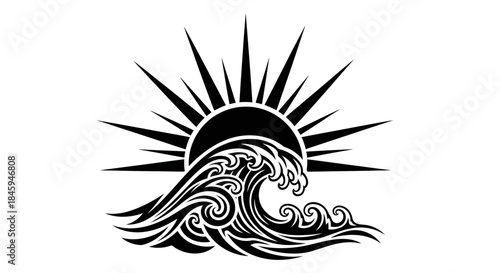 Stylized black and white vector illustration of ocean wave with sun.