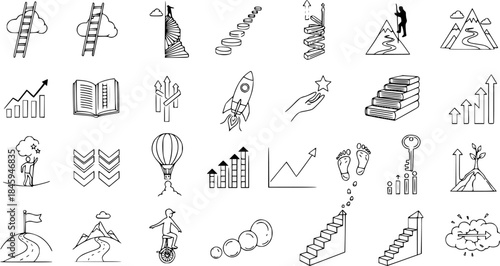 Hand Drawn Business and Success Doodle Icons Set - Growth, Achievement, Education, Motivation, and Goal-Oriented Concepts Collection