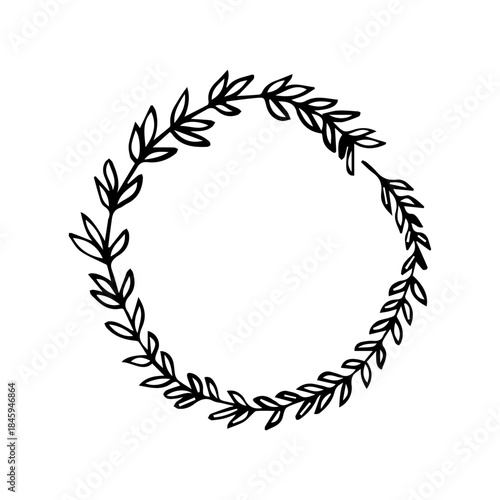 Hand Drawn Circular Laurel Wreath. Minimalist Vector Leaves Frame Line Art