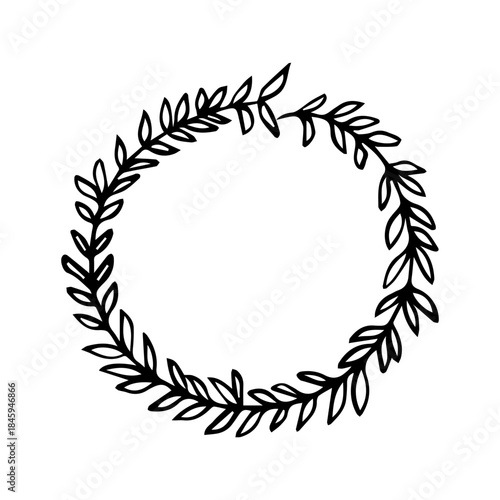 Hand Drawn Circular Laurel Wreath. Minimalist Vector Leaves Frame Line Art