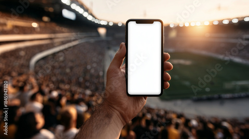 Hand Holding Smartphone Over Busy Stadium Crowd at Sunset With Blurred Audience