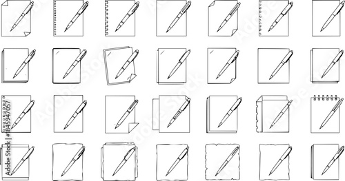 Hand-drawn Pen and Paper Icons Set. Vector line art collection of document, writing, notebook, and edit symbols in doodle sketch style.