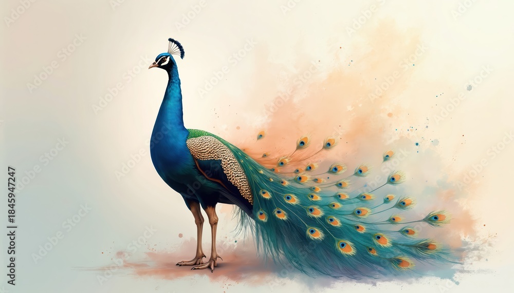 Fototapeta premium Peacock bird with ornate blue green tail feathers stands on plain background. Soft pastel watercolor paint splashes add artistic appeal. Elegant avian elegance displayed.