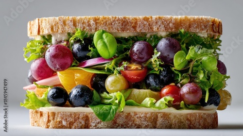 Colorful and refreshing fruit and salad sandwich on whole wheat bread