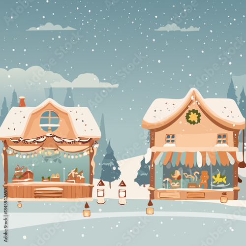 Winter Village Street Illustration — Snowy Houses and Cozy Market Stalls at Night, Flat Storybook Vector Collection