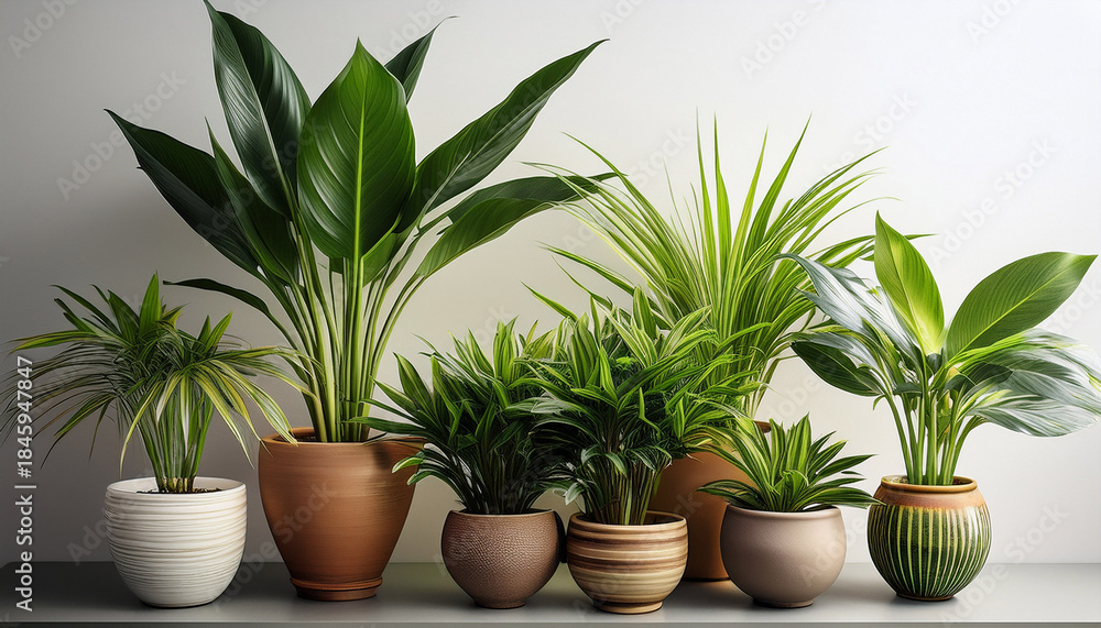 Obraz premium Potted Dracaena Plants With Green Leaves In Various Ceramic Pots Indoor Decor Elements Adding Natural Freshness And Vibrant Color