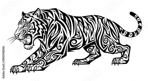 Stylized Tiger Illustration with Intricate Black and White Pattern.