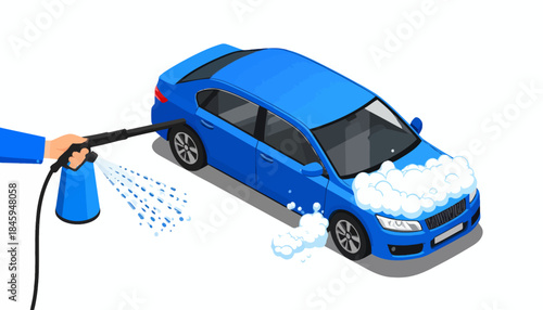 Isometric illustration of a hand using a pressure washer to wash a white sedan car, applying soap foam.