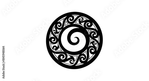 Circular Maori koru pattern design in black and white.