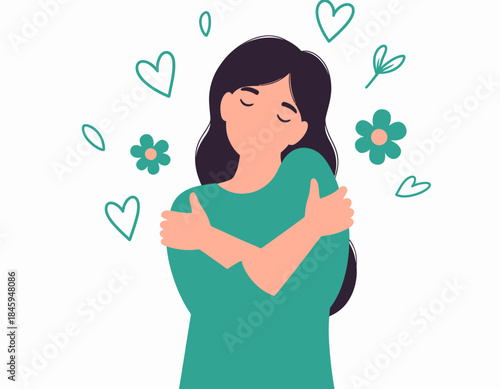 Happy Woman Hugging Herself, Embracing Self-Love and Self-Care. Vector Illustration of Mental Well-being and Inner Peace.