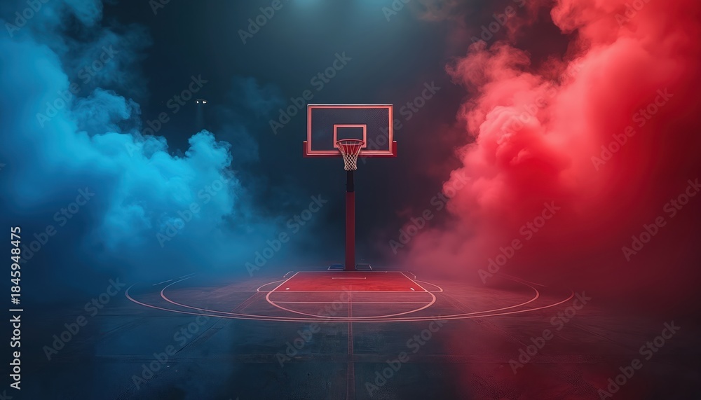 Fototapeta premium Basketball hoop stands on court with red and blue smoke clouds. Dramatic lighting creates atmosphere of competition and intense game play. Sports background for action scenes.