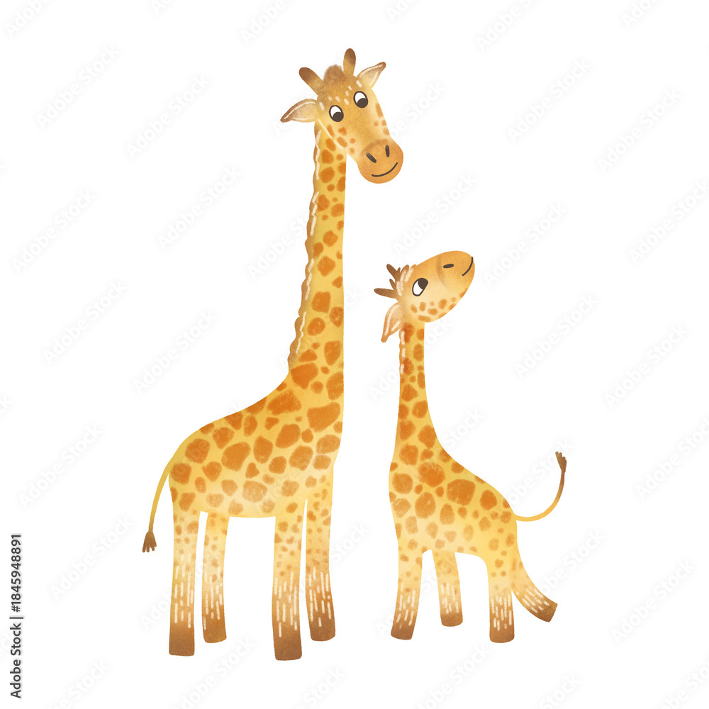 Fototapeta premium Cartoon giraffes: mother and baby. Flat style children's illustration. Watercolor, pastel, yellow, orange. Design element for children's prints