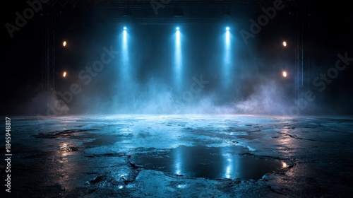 Wallpaper Mural A stage with bright blue spotlights piercing through the fog, reflecting on a wet, cracked floor creating an atmospheric ambiance Torontodigital.ca