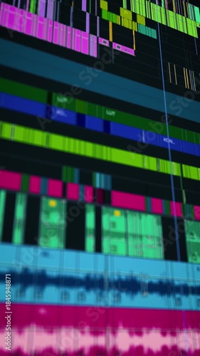 High-resolution macro view of a video editing timeline during post-production, featuring synchronized audio and video tracks, color grading layers, and cinematic sequencing interface