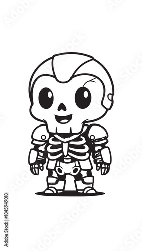 Cartoon Skeleton Warrior Figurine with Armor in Cute Style.