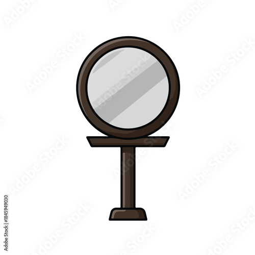 Round brown mirror on a small matching stand perfect for home decor, interior design projects, furniture advertisements, or beauty product promotion.