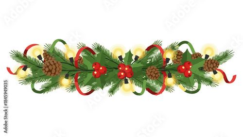 Horizontal Christmas garland with pine cones and red accents  