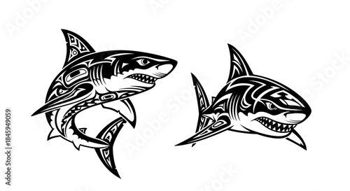 Two vector illustrations of sharks with tribal patterns in black and white.