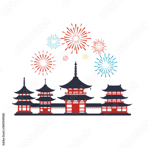 Japanese pagodas and fireworks create a vibrant display for celebratory designs, travel blogs, cultural presentations, and festive backgrounds.