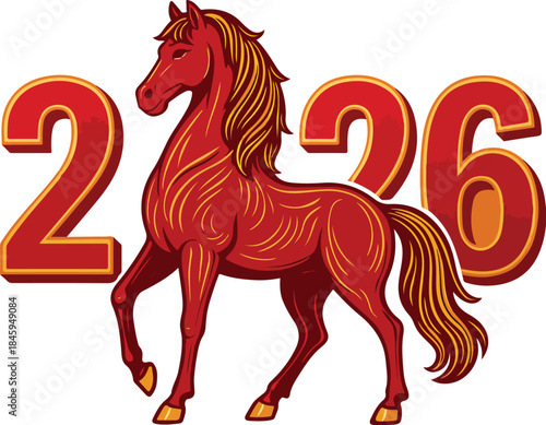 Vibrant illustration of the Chinese zodiac year of the horse 2026 featuring a stylized red equine figure