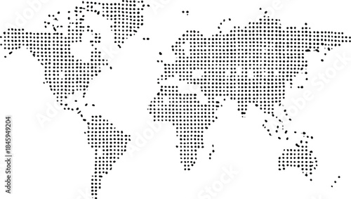 Abstract world map composed entirely of small black dots creating a minimalist and modern global representation