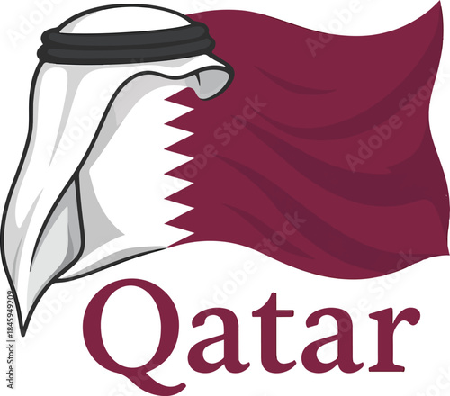 Waving Qatari flag illustration featuring traditional ghutra and agal headwear above the country name