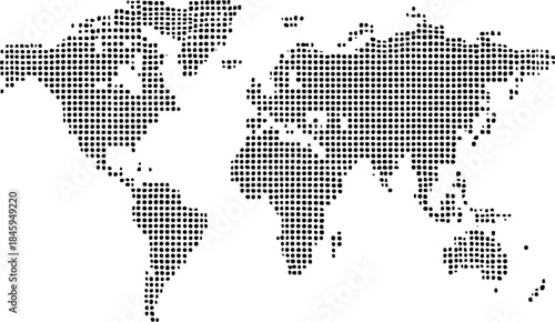 Stylized black and white dotted world map graphic representing global connection and digital data distribution across continents