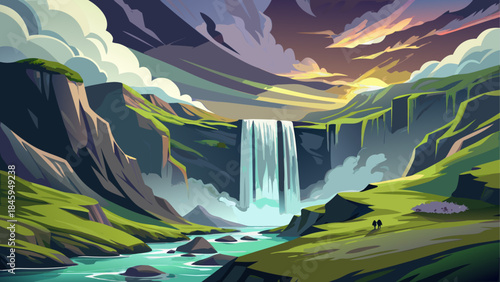 Majestic illustration of the powerful Skógafoss waterfall cascading in a wide torrent, surrounded by dramatic Icelandic cliffs, misty spray, and lush green surroundings under a moody northern sky