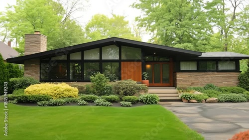 A modern single-story house with large windows, a sloped roof, and a landscaped front yard featuring green grass and various shrubs