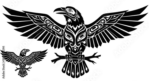 Stylized Raven Illustration with Native American Art Elements.