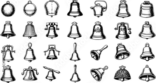 Hand-drawn sketch collection of various bells in different styles. Engraved vintage bell icons for antique church, school, liberty, or Christmas decorations.