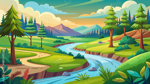 Peaceful outdoor illustration featuring a winding river passing through vibrant grassy fields and green woodland, evoking serenity, balance, and the pure beauty of forest park nature