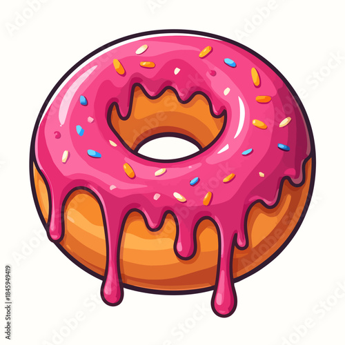 Delightful cartoon-style donut adorned with vibrant pink icing and an array of colorful sprinkles, a sweet and enticing dessert illustration