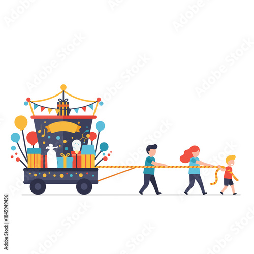 Family walking with festive wagon, gifts and balloons. Perfect for holiday greeting cards, festive event promotions, and family celebration concepts.