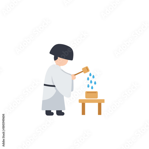 Boy in traditional japanese clothing performs purification ritual with ladle. Suitable for cultural, ritual or japanesethemed design projects.