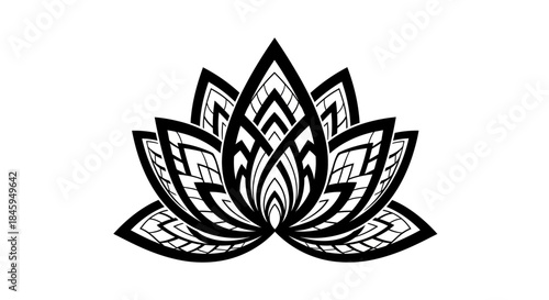 Black and white lotus flower illustration on a white background.
