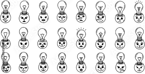 Collection of Hand-Drawn Cartoon Lightbulb Characters with Diverse Facial Expressions and Snowman Features. Creative Idea Concept Doodle Style Vector Icons