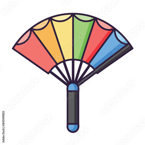 Fan with various sections and a black handle. Suitable for cooling off during hot weather or adding a decorative touch to a room.