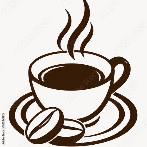 Minimalist graphic illustration of a steaming hot cup of coffee on a saucer, accompanied by roasted beans. Represents the comforting warmth and inviting aroma of a freshly brewed beverage