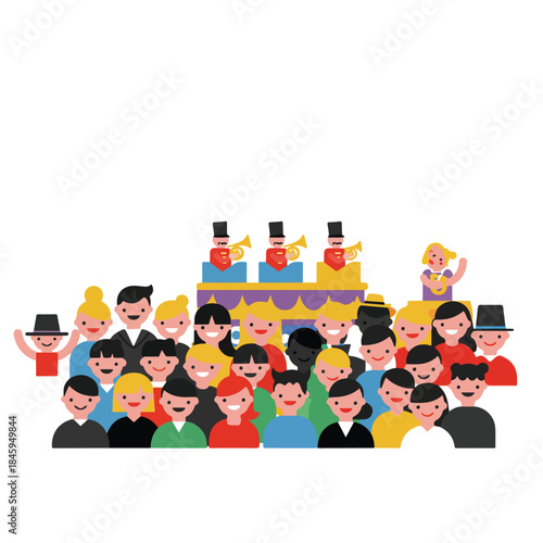 Crowd watching a parade float with musicians. Suitable for event promotion, festive atmosphere, celebration, parades, community gatherings, entertainment.