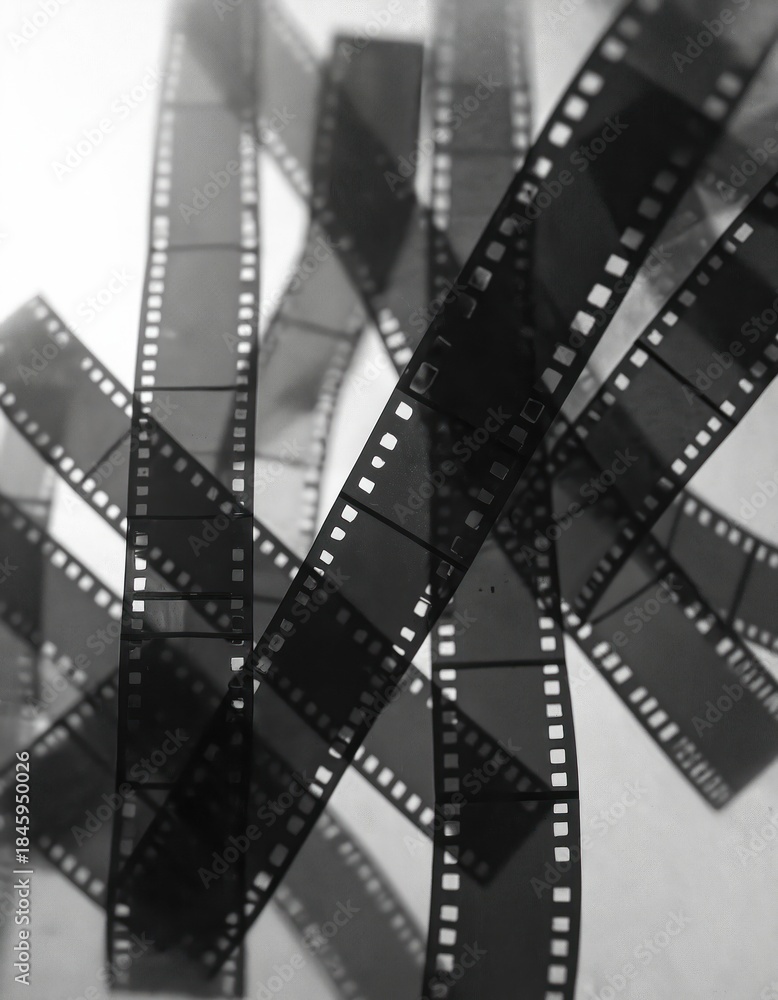 Fototapeta premium Abstract collage of old celluloid film strips tangled together. These retro cinema reels show perforations and wear marks suggesting a vintage or damaged aesthetic.