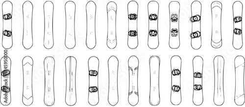 Collection of Various Snowboard Designs: Different Types and Shapes, Detailed Line Art Vector Illustration on White Background, Sports Equipment Graphic Set