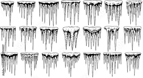 Hand Drawn Icicles Set. Various frozen ice stalactites in vintage sketch style. Winter frost and cold weather elements, black and white engraved clip art.
